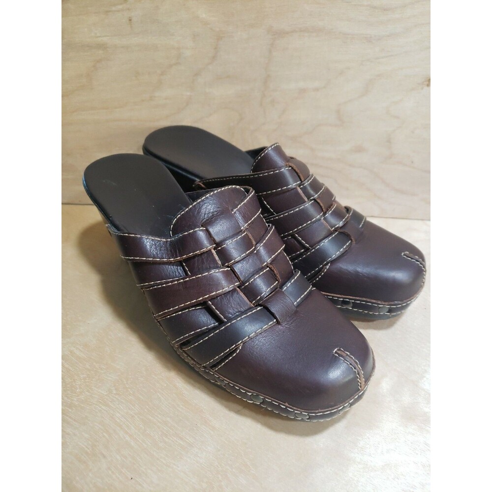 Naturalizer Slip On Clogs Mules Women's Size 8M Brown Leather Woven 3" Heel